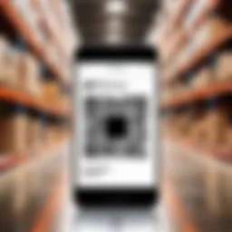 A QR code displayed on a mobile device in a warehouse environment