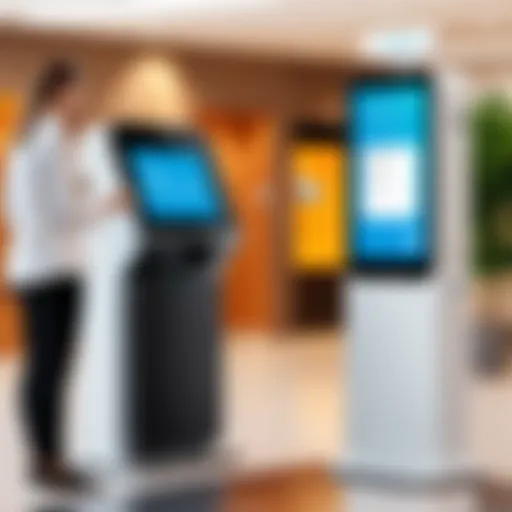 User interacting with a digital check-in kiosk in a healthcare facility