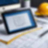 A digital tablet displaying construction estimating software on a blueprint background