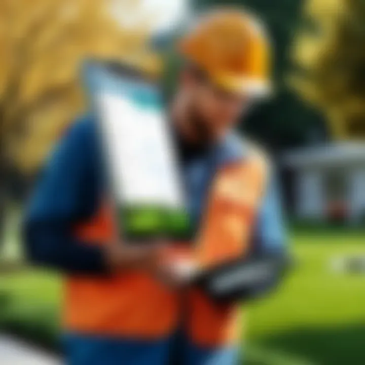 Landscaper using a tablet to view customer schedules