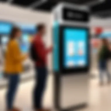 Customer Engaging with a Sling Kiosk in Retail Customer interacting with a sling kiosk in a retail environment