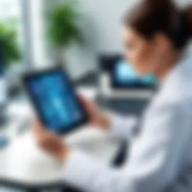 A healthcare professional analyzing patient data on a tablet in an urgent care setting.